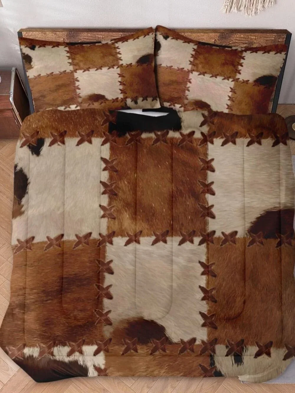 Queen Size Comforter Set with 2 Pillowcases, Retro Vintage Rustic Cow Print Soft